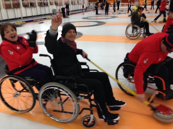 AndyFraserSport's tweet photo. My wheelchair curling debut with @ParalympicsGB's Gregor Ewan and Aileen Neilson. Got one stone right 'in the house' http://t.co/8M6WRsLl2c