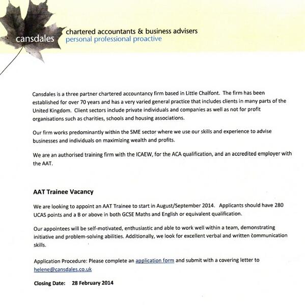 Scd Sixth Form On Twitter Job Advert For Trainee Accountant In