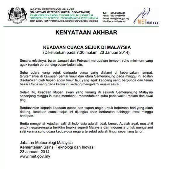 Kuching_City's tweet photo. Kenyataan daripada Jabatan Meteorologi Malaysia mengenai keadaan cuaca sejuk di Malaysia akhir2 ini. http://t.co/zrbInj9Vh5