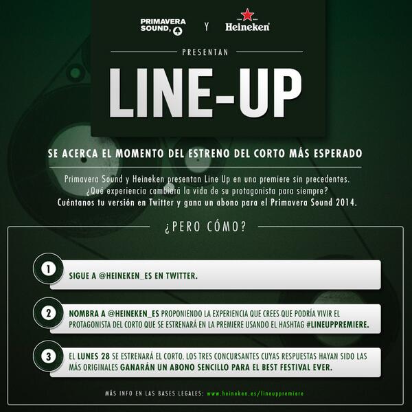 Heineken_ES's tweet photo. Imaginad la experiencia que vive el protagonista de Line-Up y la más original ganará un abono! #PS14 #LineUpPremiere http://t.co/Dvm28weusQ