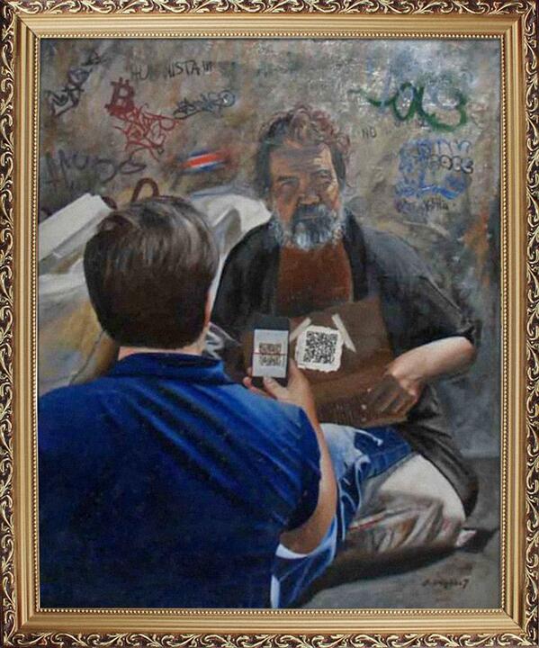 CryptoInPics's tweet photo. Painting from a Costa Rican artist shows a man giving bitcoins to a beggar by reading his public key QR code. http://t.co/t7ih46SnG3