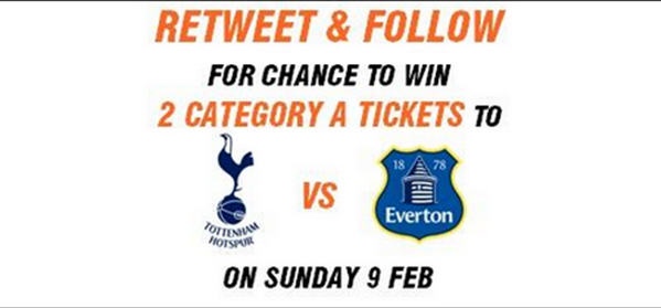 ColossusBets's tweet photo. RT &amp; FOLLOW to be in with a chance to see Tottenham v Everton on Sunday 9 Feb. 2 great Tickets to give away. http://t.co/UVb9kxduTF