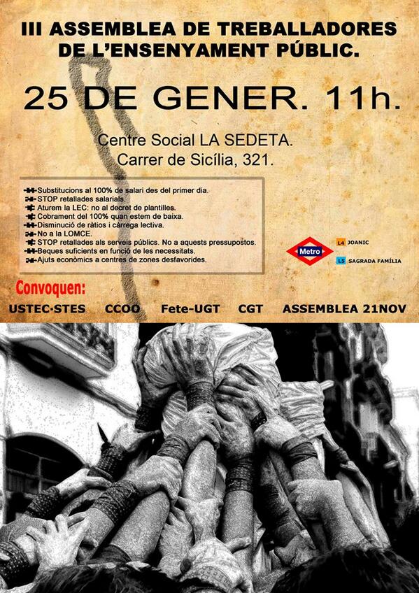 AssemDocentBCN's tweet photo. III Assemblea de Docents de #Barcelona 
Dissabte #25G (11h) Al Centre Social La Sedeta http://t.co/gUFBsrxMjC http://t.co/pwqJgaaGfU