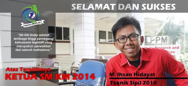 PartaiAndalan's tweet photo. Selamat dan Sukses atas terpilihnya @ihsanhidayaat sebagai Ketua Senat KM Undip Periode 2014 cc: @partaibunderan http://t.co/eNSEnosGbR