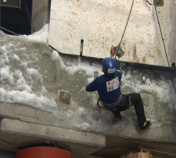 Pete Holder competing for @GBIceClimbing at Saas Fee screenshot from live feed at iceclimbingworldcup.org