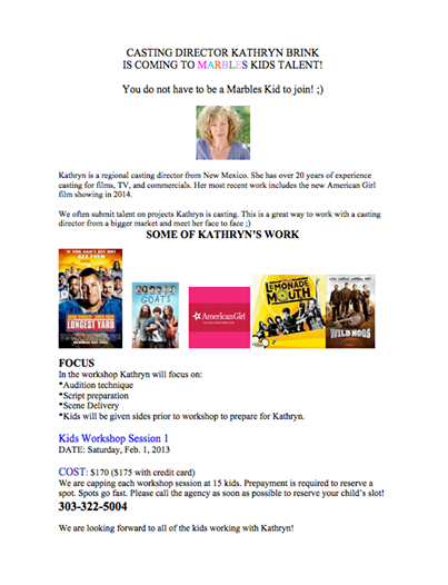 marbleskids's tweet photo. Last role call for kathryn Brinks #kidactors #workshop in #denver! Call us at the office for more info! #marbleskids http://t.co/g4F87PP2oS
