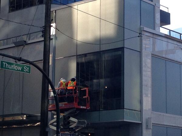smartfilms's tweet photo. Installing custom graphic pattern on Concord Pacific's building at the corner or Thurlow &amp; Alberni. http://t.co/ag515Pb5vL