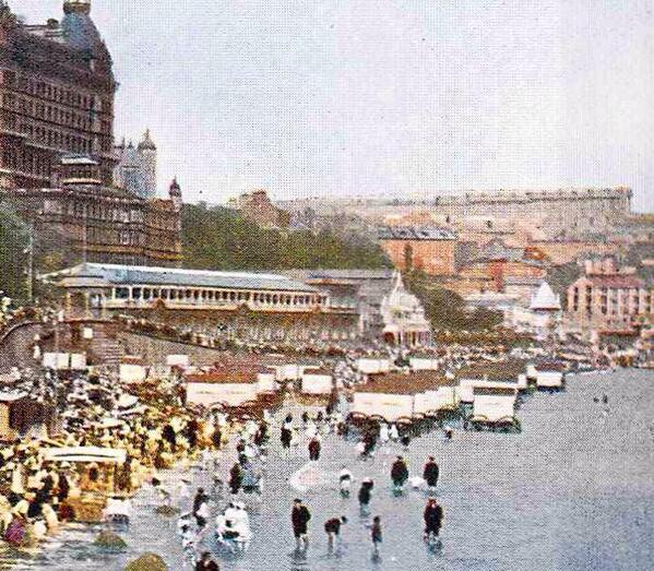 PostcardsofS's tweet image. Love this really old image of South Bay from around 1910. Bathing machines and wonderful foreshore rd in its heyday