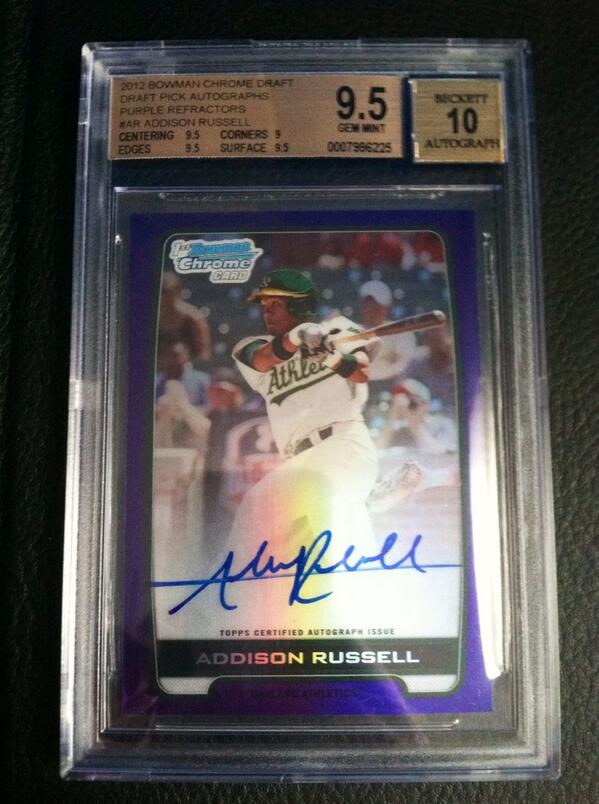 TrustProspects's tweet photo. Just in from BGS today: Addison Russell Bowman Chome Purple Refractor Auto BGS 9.5/10 http://t.co/lo7xwiwDPh