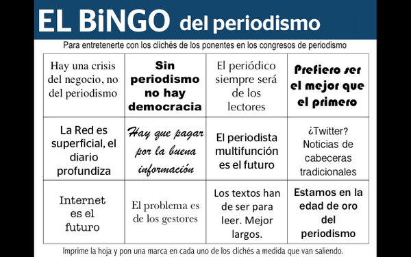 theresetproject's tweet photo. RT @mtascon: El Bingo del periodismo. Diviértete con los clichés en los Congresos http://t.co/3JWQCG06VW"