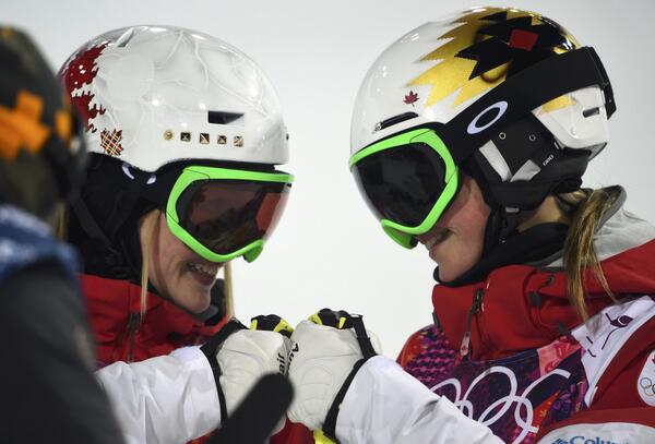GlobeOlympics's tweet photo. Justine and Chloe Dufour-Lapointe win gold, silver in women’s moguls http://t.co/2XyO6jTme0 #CanadaProud http://t.co/EYljZ866Ru