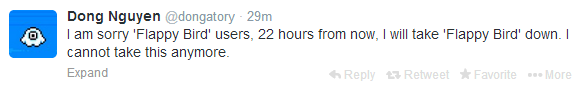 OMGitsAliA's tweet photo. The creator of "Flappy Bird" tweeted out that he's taking the game off of App stores. Wow... http://t.co/WStD6mF2p5