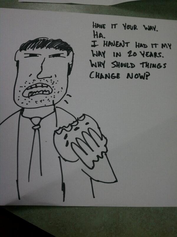 dylanduarte's tweet photo. sitting in Burger King, drawing Max Payne eating Burger King. #MaxPayne #BurgerKing http://t.co/1NOV41K5Je