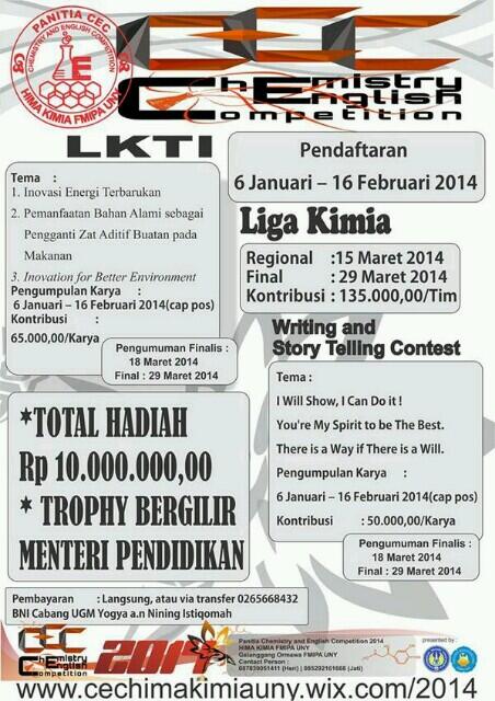 Himaki UNY mengadakan event CEC: liga kimia,LKTI dan Story Telling. Info cechimakimiauny.wix.com/2014  (via <a href="/CEC_HIMAKI_UNY/">CEC HIMAKI UNY</a>)