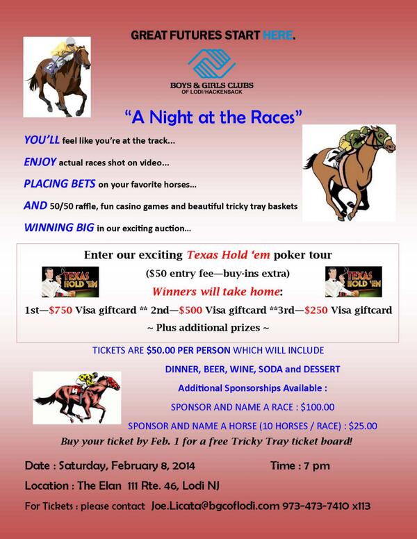"A Night at the Races" is just 2 days away!  Over $15,000 in prizes and $1,500 in gift cards! Call 973-418-5738!