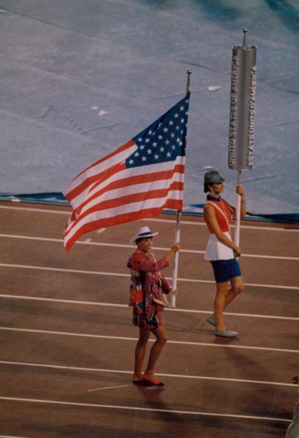 SUPirates's tweet photo. #TBT honor the start of the Olympics @SUPirates HC Francie Larrieu Smith at Barcelona Olympics carrying American flag http://t.co/EaNzYlsoKO