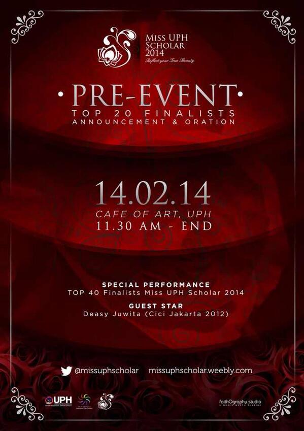 shartanasal's tweet photo. PRE-EVENT of Miss UPH scholar 2014! @missuphscholar
TOP 20 finalists Announcement &amp; oration! http://t.co/AjaGZieIUU