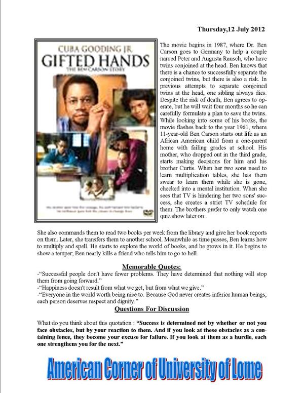 AmericanCornerL's tweet photo. Thursday 06 February 2014 at American Corner we have shown a movie entitle " The Gifted Hands" from 2pm to 4.30. http://t.co/4vt5FvlkSt