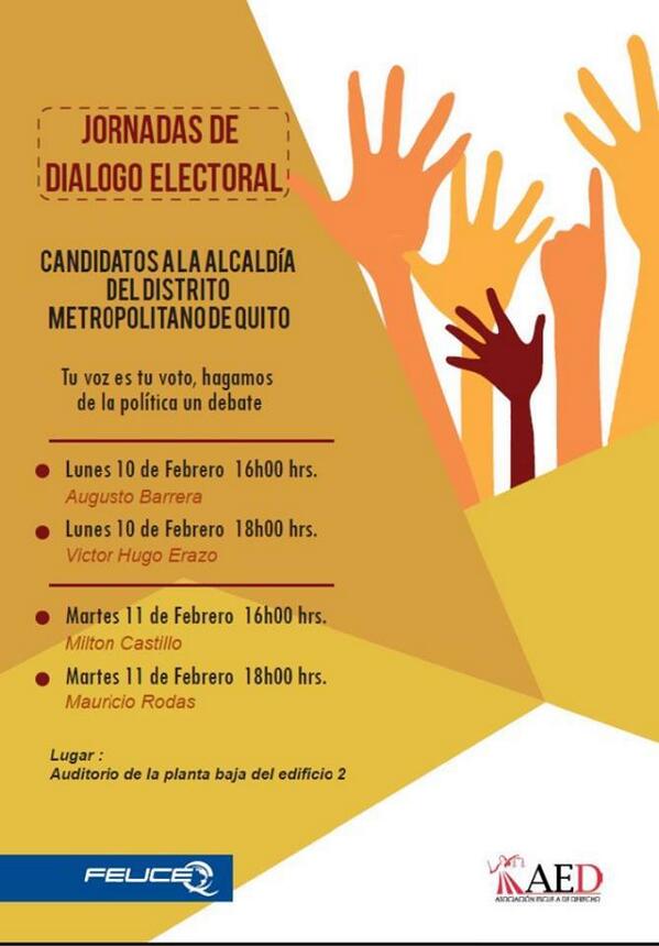 FeuceQPUCE's tweet photo. ¡Entérate! y sé partícipe debate:
#alcalde para  #quito http://t.co/zmHMVZMgRk