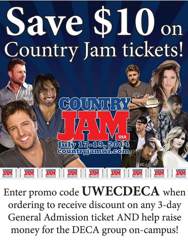 UWEC_DECA's tweet photo. Use UWECDECA promo code to save $$$ on #CountryJam tickets and support our chapter #fundraising #countrymusic http://t.co/Ywakq8wiyU