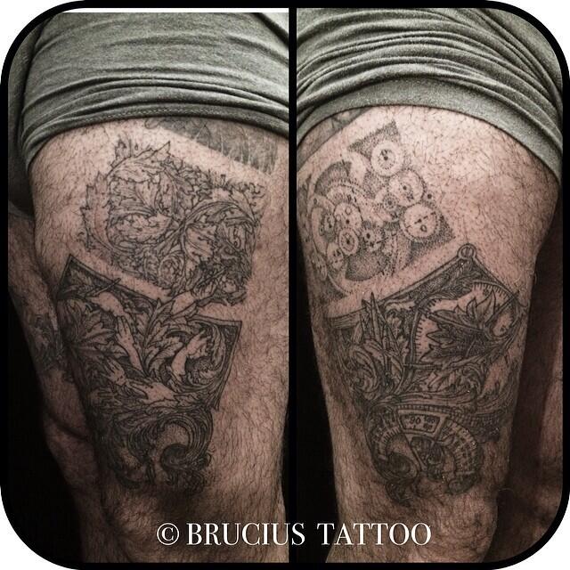 B R Ü C I U S on Twitter: "#BRUCIUS #TATTOO #SF #engraving #etching #linework #blackink #legs #scrollwork #filigree #ornate #design #stippl... http://t.co/9Tiutglsl5" / Twitter