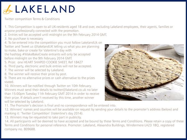 LakelandUK's tweet photo. We have a great Valentines Day comp on now! Here's the T&amp;C's if you want to/have entered! Remember #MakeBakeCreate ! http://t.co/twekzAoc4A