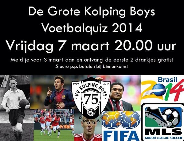 KBST_nl's tweet photo. Meld je voor 3 maart aan via vvkolpingboys@gmail.com en ontvang de eerste 2 drankjes gratis, pak je voordeel http://t.co/EiYkZt5yuK