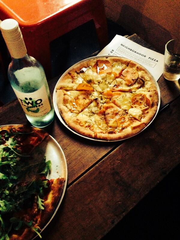 ReneeB262's tweet photo. Enjoying the sweet potato pizza @Neighbhoodpizza with Two bros wine on @Bio_Garden fruit &amp; root day! #bbchard http://t.co/ys6GIsHDW6
