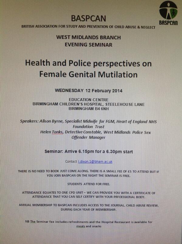 BASPCAN seminar this Wednesday in Birmingham, addressing issues on female genital mutilation