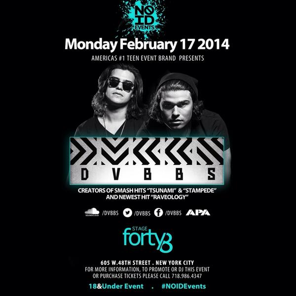 NoIDEvents's tweet photo. The 25th person to RT will receive 2 FREE tickets to see @DVBBS Live @ Stage 48!!! #NoIDEvents http://t.co/17KkJYZ1It