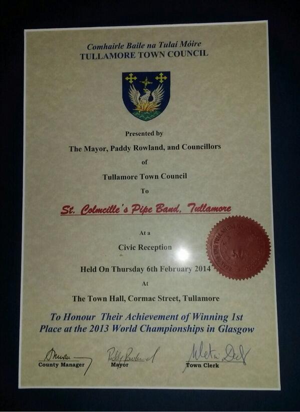 stcolmcillespb's tweet photo. The band was afforded a civic reception by Tullamore Town Council last night... http://t.co/t7heSpUUIr
