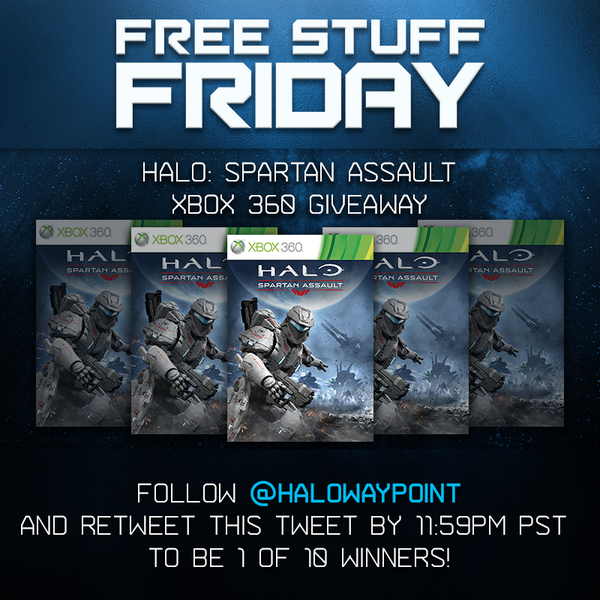 Halo's tweet image. Follow and RT by 11:59pm PT for a chance to win Halo: #SpartanAssault for the Xbox 360! Rules: aka.ms/fsfrules