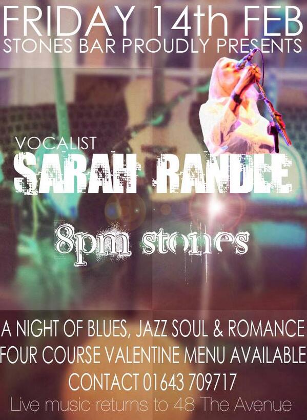 StonesMinehead's tweet photo. Friday 14th February don't miss Sarah Parker playing live @StonesMinehead http://t.co/BHCIopG48d