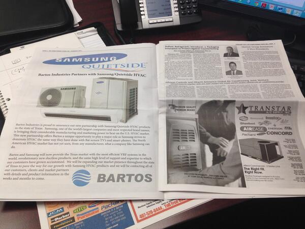 BartosInd's tweet photo. Check out @BartosInd ad in A/C Today announcing our partnership with @SamsungHVAC Quietside! http://t.co/VjgR1gUtm3