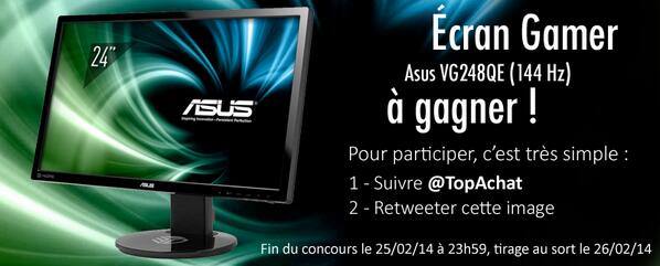 TopAchat's tweet image. Comment tenter de gagner un écran gamer ?
Il suffit de suivre @Topachat et de RT ce tweet ;-)
bit.ly/1khR9FJ