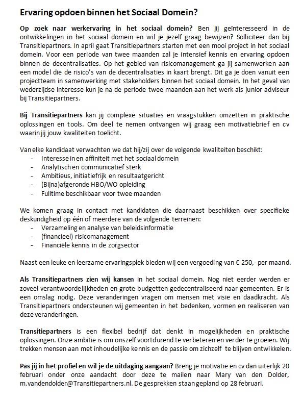2014_davidm's tweet photo. Ervaring opdoen binnen het Sociaal Domein? Transitiepartners is op zoek naar trainees die werkervaring willen opdoen. http://t.co/iADVwqVbRh