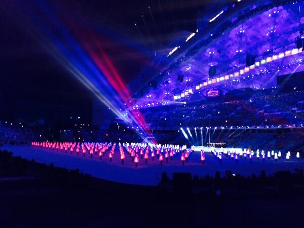 radiosmith's tweet image. Russian flag made of people dressed like teletubbies.  Opening ceremony is bringing it. #sochi #nprsochi