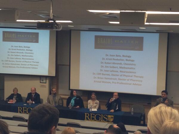 RegisU_Brooke's tweet photo. Fantastic faculty panel underway at Science Scholarship weekend.  #thisisregis http://t.co/StESjUyH1x