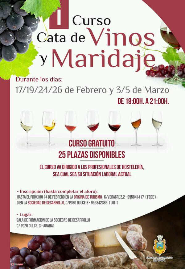 Cartel  "I Curso de Cata de Vino" <a href="/turismoarahal/">Turismo Arahal</a> #Vinos #Cata #maridaje #arahal