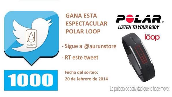Aurunstore's tweet photo. Ya somos 1000!!! Y lo queremos celebrar con un regalo muy especial. Sorteamos una Polar Loop!!! @polaradventures http://t.co/Sssf2ivYk8