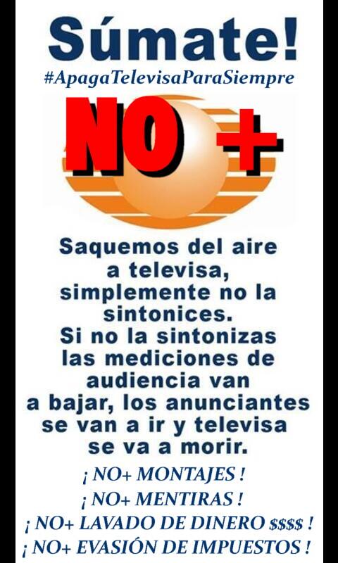 mini_rotativo_'s tweet photo. #ApagaTelevisaParaSiempre, y exige que @IFT_MX NO solape al MONOPOLIO #Televisa 

Vídeo >https://t.co/NkPuiK6pCb http://t.co/NSuX30d9Vo