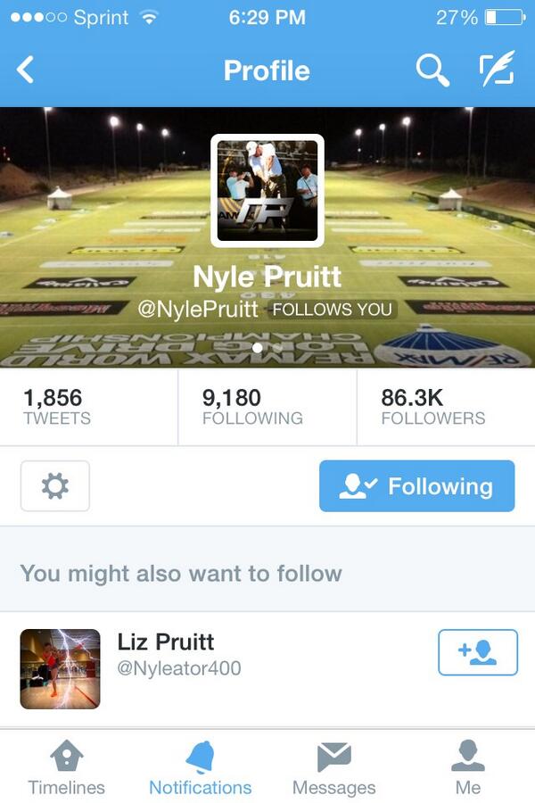 sircanadia's tweet photo. 10 time long drive champion @NilePruitt just followed me. Currently pumped #lifewin http://t.co/ntaTBDYnTN