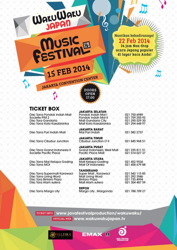 [INFO] Saksikan flumpool, JKT48, Afgan, BCL di WAKUWAKU JAPAN MUSIC FESTIVAL 15 Feb 2014. Ticket box: