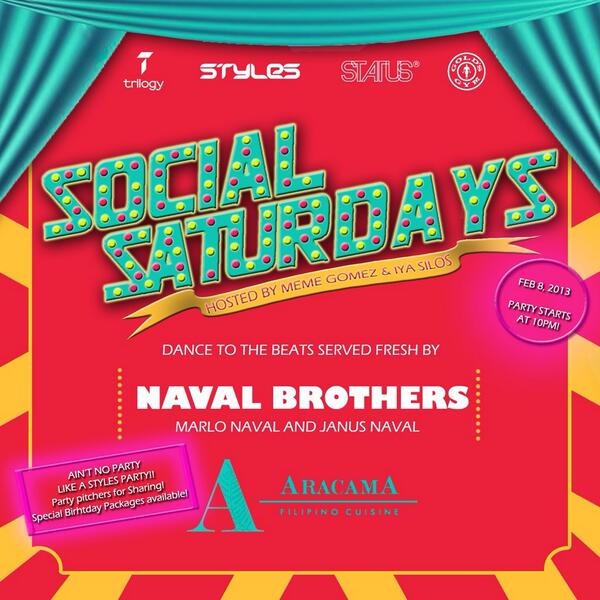 Come and celebrate with us at Aracama for Social Saturdays. Me and my brother will play all night! Let's go? =)