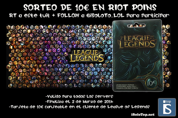 la_pepa95's tweet photo. Sorteamos una tarjeta de 10€ en Riot Points, participa haciendo RT + Follow a @ISOLOTOPNET_LOL Suerte!!! #FreeRpeses http://t.co/1AjaysE3qX