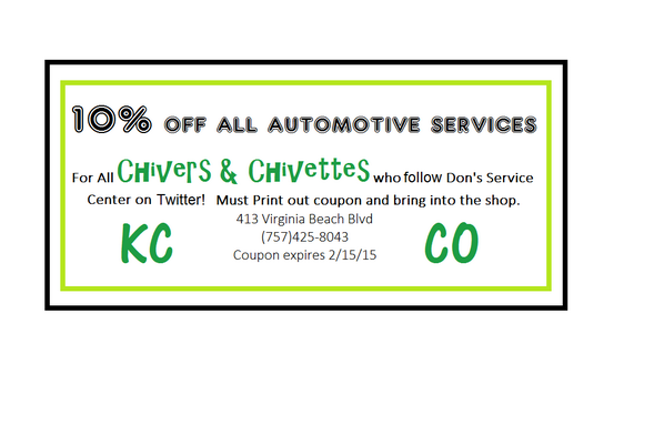 DonsCarRepair's tweet photo. #virginiabeach #kcco #chivenation #RAK #hopeithelps  KCCO my fellow Chivers! http://t.co/MxjOmCtBjw