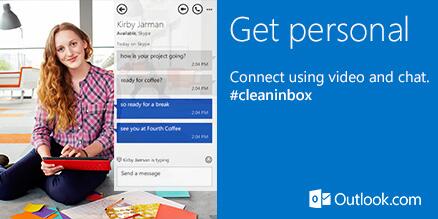 Outlook's tweet image. Connect via chat in Outlook.com, and keep your inbox clutter-free! bit.ly/1hfcN9b #cleaninbox