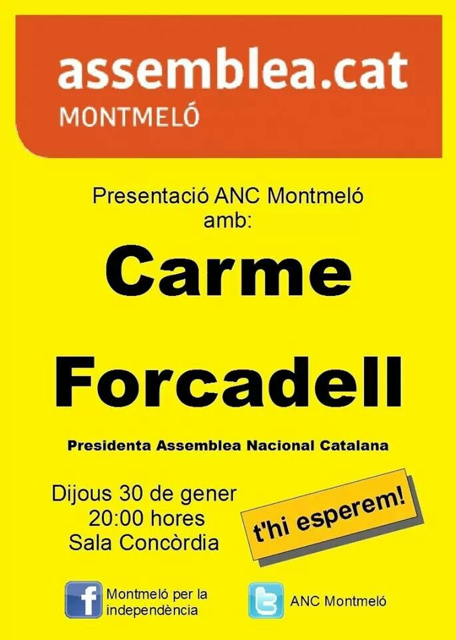 lroig4's tweet photo. @CarmeForcadell a @montmelo Dijous 30 de gener 20:00 h a la Sala de la Concòrdia Organitza: @ancmontelo http://t.co/Qxih3ePnOm