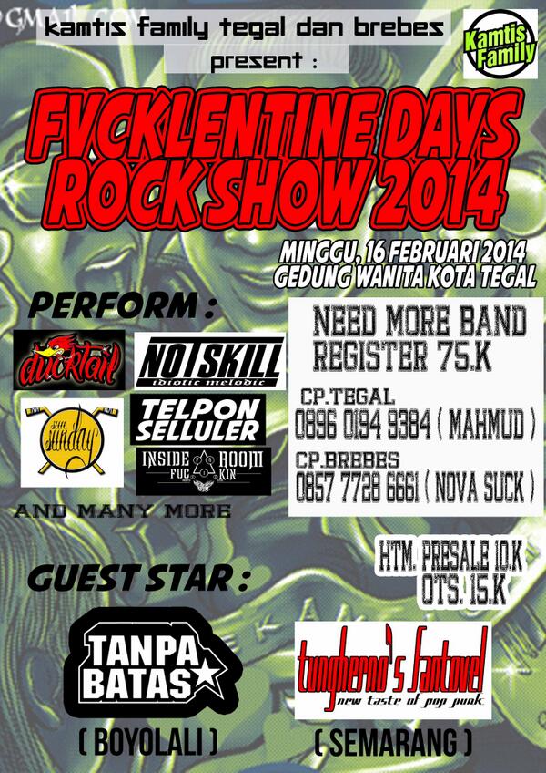 Let's Join Let's Singing and Dancing
Minggu, 16 Februari 2014 di Gedung Wanita Tegal <a href="/Tegalpoppunk/">TPP</a> <a href="/Tegal_Outsiders/">OutSIDers Tegal</a>