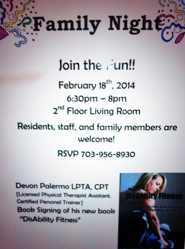 FitDP23's tweet photo. #DisabilityFitness Presentation and Book signing 2/18 for Seniors at the Sunrise Senior Living in Reston Va http://t.co/s0e3dz7wEh